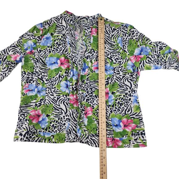 Vintage Hawaiian Cardigan Womens PL Large Petite 100% Linin Hibiscus Zebra Print - Picture 13 of 16